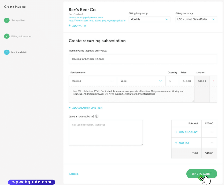 growth suite create invoice add your invoice info