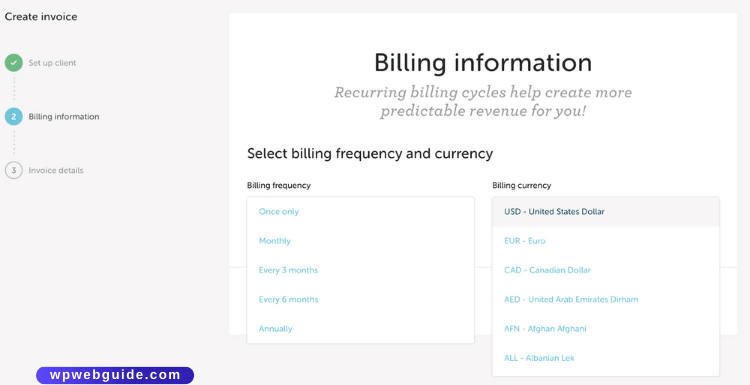 growth suite create invoice pick billing frequency currency