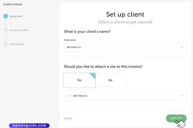 growth suite create invoice pick the client