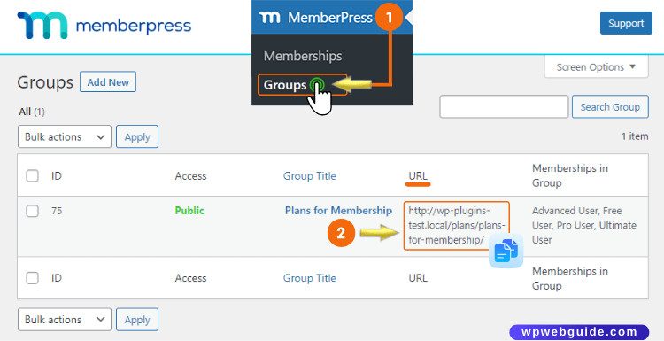 memberpress groups copy url value