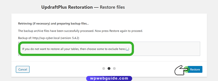 updrafttplus restoration screen step two exclude tables